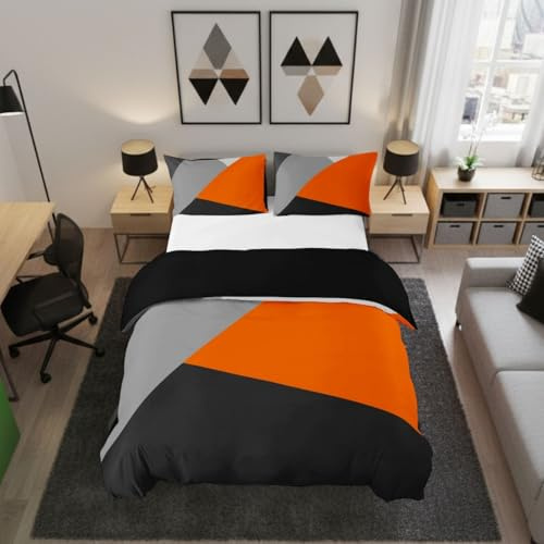 Homewish Orange and Gray Duvet Cover Super King,Patchwork Geometric Triangle Bedding Set,Orange Black Light Grey Comforter Cover for Kids Modern Simple Abstract Bed Set