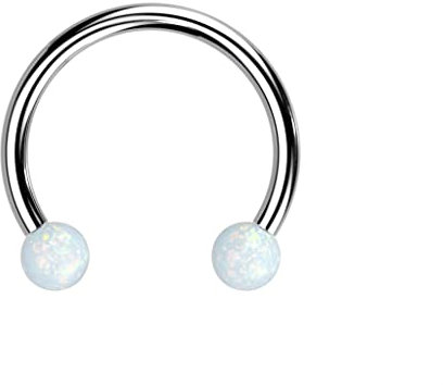 Paula & Fritz® Push-In Set Hufeisen Silber 10-mm Titan-IUM Grade 23 Opal Weiß Gewindelos 1,2-mm Stärke Press-Fit Circular Barbell Septum-Piercing Aufsatz
