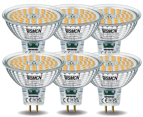 WSMCN Bombillas LED GU5.3 MR16 Blanco Cálido 3000K 550 Llúmenes, 6.5 W Equivalente a 55W Halógeno, AC/DC 12V, Foco Sin Parpadeo con Ángulo de haz de 120°, No Regulable, Paquete de 6