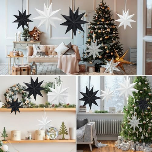 FainFun Estrellas Plegables de Papel Navidad, Estrellas Papel Decorativas, Estrellas de Papel Colgantes para Navidad, Decoración de salón/Habitación, 3xΦ30cm, 2xΦ45cm (Negro/Blanco/Gris)