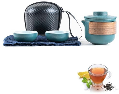 Mini Ensemble de Théière de Voyage en Céramique, Théière Chinoise Kung Fu Service à Thé de Voyage Portable Anti-brûlure Avec Infuseur à Thé Service à Thé Avec Sac Portable (Vert-2 Tasses)