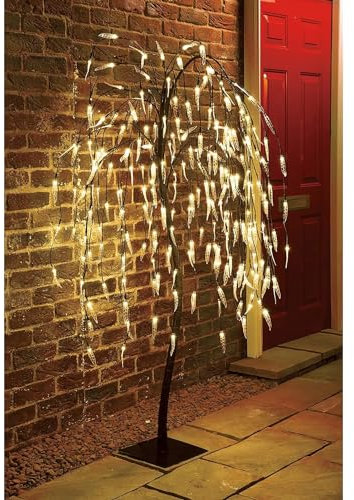 YORKSHIRE HOMEWARE 5 FT Weeping Willow Tree | Outdoor Christmas Decorations | 240 Green LED Tree Lights | Metal Flat Base Garden Ornaments for Home Xmas Display Decoration Indoor (Warm White)