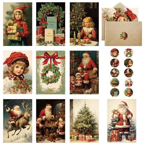 Weihnachtskarten mit Umschlag Set 40 Stück Vintage Nostalgisch Weihnachtskarten Set, A5 Christmas Cards Kleine Weihnachtskarten Weihnachtspostkarten, Lustige Weihnachtskarten für Familie Freunde