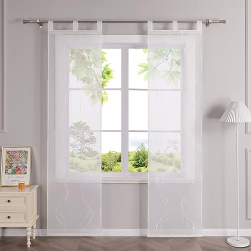 HeichkelL Schiebegardinen mit Schlaufen Transparent Schiebevorhänge Flächenvorhänge mit Wellen Stickerei 2er Set Gardinenschal Weiß BxH 57x145 cm