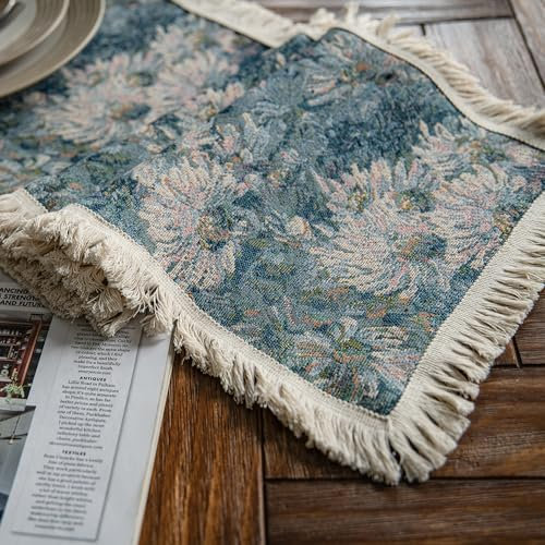 LAZYBIRD Tischdekoration 3er Set, Tischläufer - 30x180 cm mit 2 Tischsets - 30x45 cm, Blau Ölgemälde, Esstisch Deko