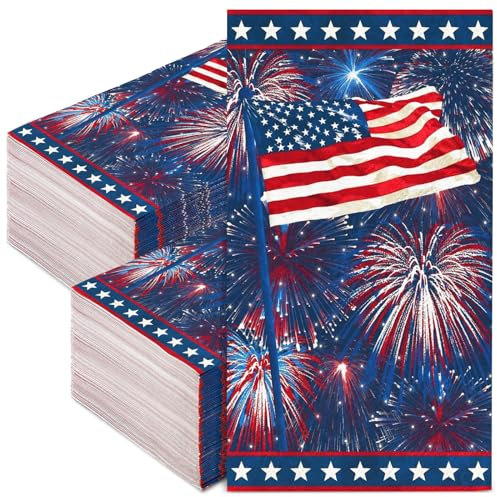 AnyDesign Patriotische Gästeservietten, USA-Flagge, Feuerwerk, Papierservietten, Unabhängigkeitstag, dekorative Einweg-Handservietten für den 4. Juli, Party-Geschirr, 100 Blatt