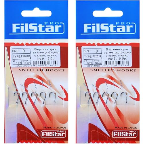 PRO FILSTAR Angelhaken Set mit Vorfach für Method Feeder 10 Stück, Größe 9, Monoschnur 10cm, Dia 0,22mm - Angeln Karpfen Zubehör - Hook with a Needle - Boilies Haken Set - Sport Set - Fishing Rig