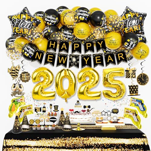 2025 Silvester Luftballons Party Dekorationen Neujahr Silvesterdeko Schwarz Gold Konfetti Luftballons Neujahrshut Bandluftpistole Kinder für 2025 New Year Party Silvesterparty