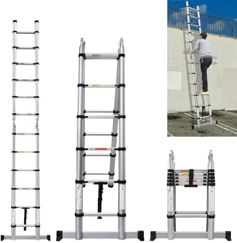 3.8M Telescopic Ladder 12.5FT Multi-Purpose Aluminium Extension With Stabiliser - Extendable Portable Sturdy Loft, Straight or A-Frame, 6+6 Steps, Max Load 150kg