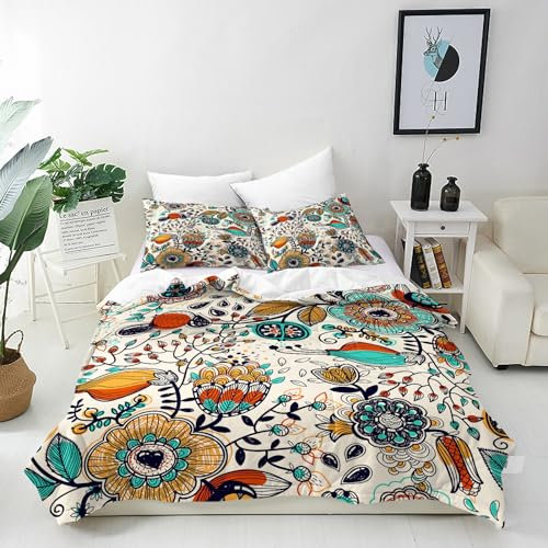 ANHOPE Obst Anlage Florale Blume Bettwäsche Set 2 Teilig Bettbezug 135x200 cm + Kissenbezug 80x80 cm Weich Microfaser Bettbezüge mit Reißverschluss Bettdeckenbezug set für Kinder Mädchen