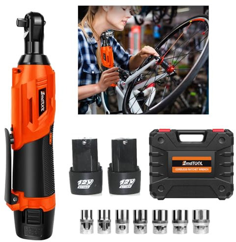 DayPlus Juego de llaves de carraca eléctricas inalámbricas con 2 baterías de 1,5 Ah, 12 V, llave eléctrica de 3/8 pulgadas, llave angular de 90°, 7 enchufes, color naranja