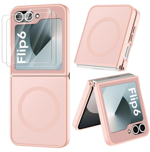 ORETECH Magnetica Opaca Cover per Samsung Galaxy Z Flip 7 FE, Cover per Samsung Z Flip 6[2 x Pellicola Protettiva in Vetro Temperato] [Compatibile con Mag-Safe] Antiurto Cellulare Custodia-Rosa Chiaro