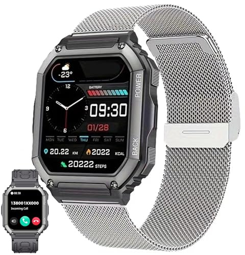 ZPIMY Smartwatch Herren mit Telefonfunktion, 1,8” AMOLED 5ATM wasserdichte Fitnessuhr mit Taschenlampe Schrittzähler Herzfrequenz, SpO2, Sportuhr Aktivitätstracker für Android iOS (Silber)