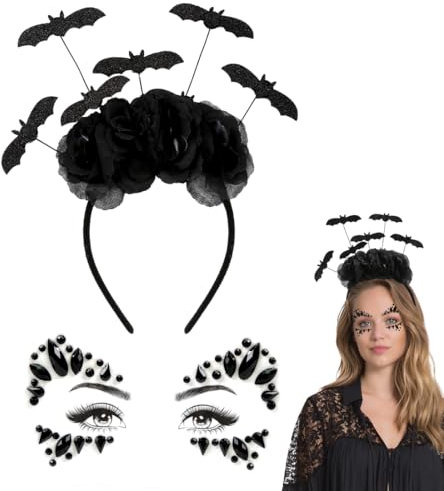 Meleager Fledermaus Haarreif und Strasssteine Gesicht Schwarz, Fledermaus Kopfschmuck Damen, Glitzersteine Gesicht, Fledermaus Kostüm Accessoires für Halloween Karneval Cosplay Musikkarneval