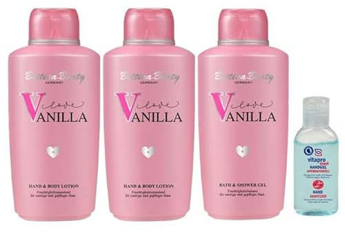 Bettina Barty Love Vanilla Hand & Body Lotion 3 x 500 ml inklusive Gratis Vitapro Handgel 50 ml