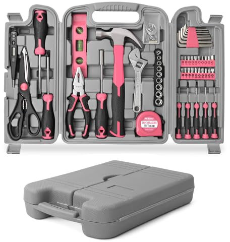 54pc Tool Set General Household Toolkit with Toolbox Storage Case, Pink Home & Office DIY Tool Kit Set, Essential Hand Tools Included for Basic Repairs, Maintenance & Home Improvement Projects