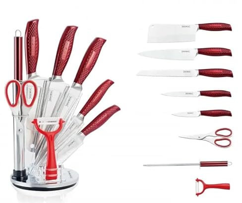 Royalty Line RL-KSS530: Set di Coltelli da 9 Pezzi con Supporto Rotante - Rosso