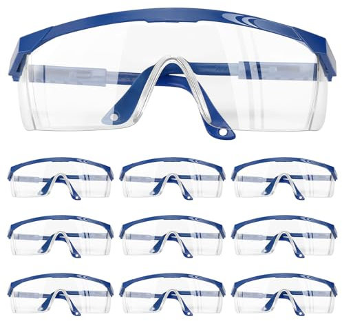 GOSHIES Schutzbrille 10 Stück Arbeitsschutzbrille Sicherheitsbrille Schutzbrille für Brillenträger mit verstellbaren Bügeln Arbeitsschutzbrille Antibeschlag Antispeichel Transparent Blau