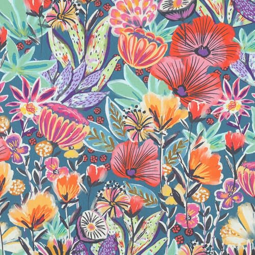 VmG-Store 1m Baumwollstoff zum Nähen 100% Baumwolle Nähstoff KEINE Meterware Kinderstoff Patchwork DIY Basteln Quilten Handwerken (Blütenzauber Digital Petrol Bc033)