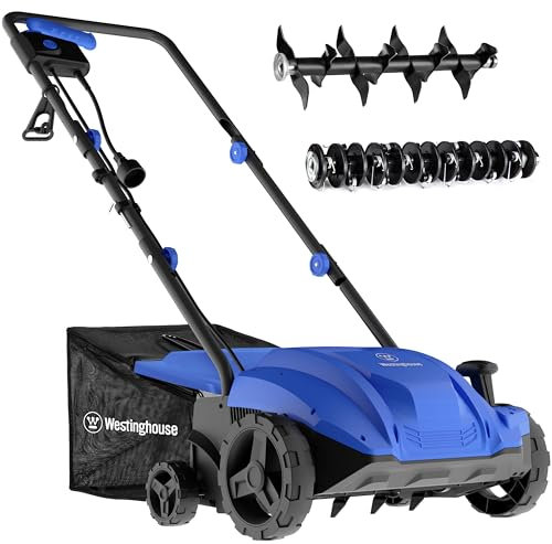 Westinghouse 13 Inch 12 Amp 2-in-1 Corded Electric Dethatcher and Aerator with 8 Gallon Straw Collection Bag, 4-Way Depth Adjustment, Foldable Handle