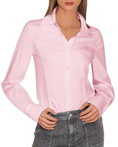 FASLOLSDP Camicia da lavoro da donna, vestibilità normale, in cotone, a maniche lunghe, elegante, in mussola, con bottoni, per primavera, vacanze, tinta unita, Rosa chiaro., M