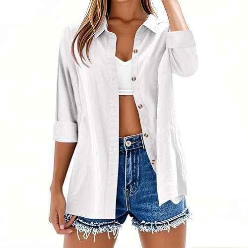 Womens Tops Long Sleeve Casual Button Down Cotton Linen Shirts Solid Color Summer Tshirts V Neck Roll Up Collared Loose Oversized Tees Lightweight Dressy Blouses Office Work Ladies Tunic Tops White