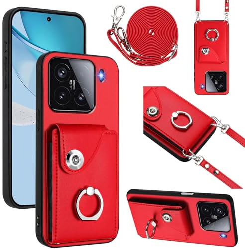 Belzsxy Handyhülle für Xiaomi 15 Hülle mit Band Kartenfach Ringhalterung Geldbörse,Leder Klapphülle Umhängetasche Handytasche für Xiaomi 15,Rot