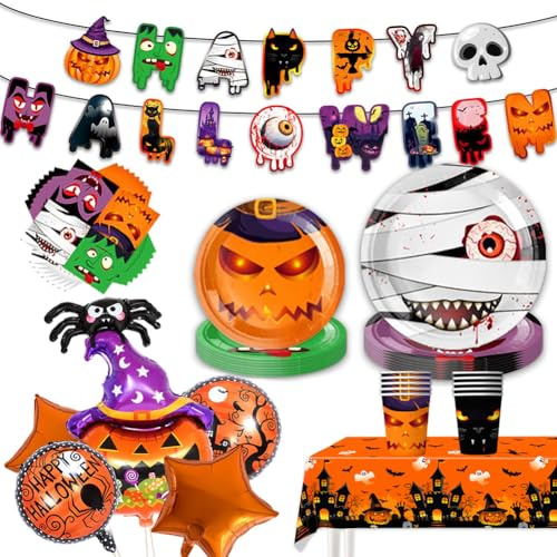 Halloween Party Tableware Set for 10 Halloween Paper Plates & Balloons Kit with Plates,Cups,Napkins,Tablecloth, Banner & Foil Balloons Trick-or-Treat Theme Party Supplies for Kids & Adults