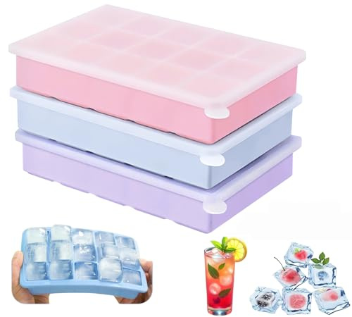 3 Packs Ice Cube Tray with Lid, 45 Cubes Ice Cube Trays | Stackable Silicone Ice Cube Tray Ice Trays for Freezer BPA Free for Whiskey, Cocktail, Drinks, Souper (Pink, Blue, Purple)