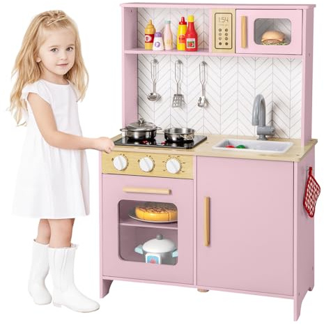 Maxmass Wooden Kids Play Kitchen, Toddler Toy Kitchens with Lights, Sounds, Microwave, Oven, Sink, Faucet, Utensils, Children Role Play Cooking Set Pretend Kitchen for 3+ Years Old (Pink)