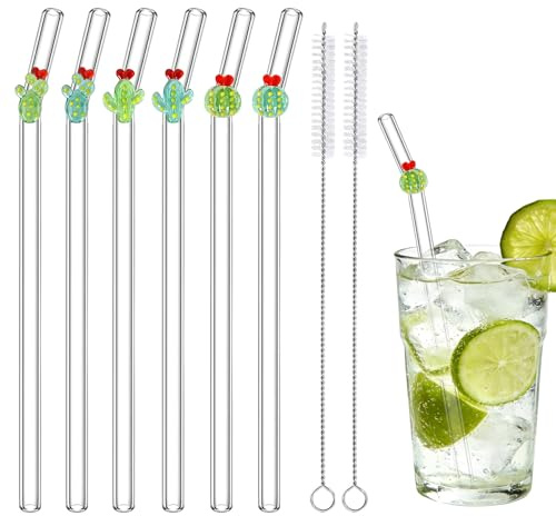 6 Pcs Reusable Glass Straws Cute Fun Straws with Colorful Cactus Design, 7.9'' Clear Glass Straw Bent with 2 Cleaning Brushes for Drink Party Smoothies Milkshakes Juice