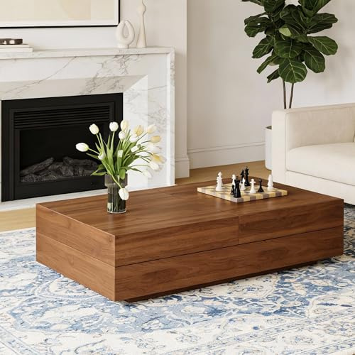 Hearthform Mid Century Extendable Coffee Table with Storage Walnut Finish Rectangular Convertible Living Room Table Space Saving Design