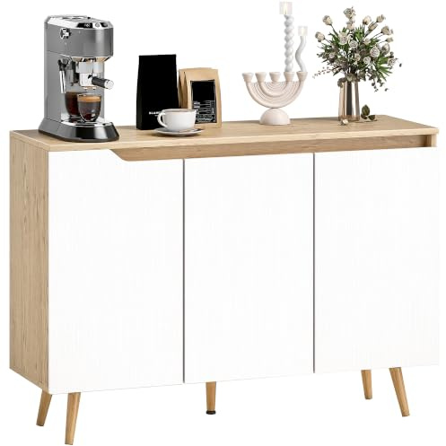 HOMCOM Aparador de 3 Puertas, Aparador de Salón con Estantes Ajustables, Patas de Madera, para Cocina, Entrada, Dormitorio, Roble y Blanco, 107x35x76,5 cm