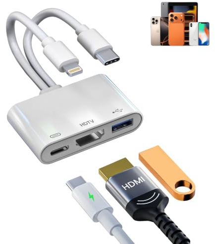 Adaptador 3 en 1 USB-C y Lightning a HDMI y adaptador OTG para iPhone iPad - Adaptador AV digital 1080P MFi Apple Lightning con carga y puertos de unidad flash USB para iPhone 17-6/iPad a proyector