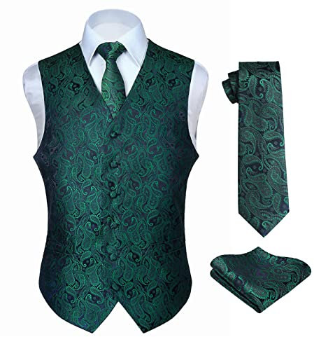 Hisdern Manner Paisley Floral Jacquard Weste & Krawatte und Einstecktuch Weste Anzug Set, Grün und Lila, Gr.-XL (Brust 48 Zoll)