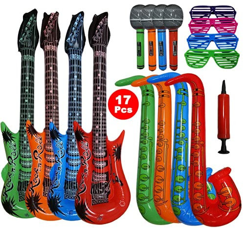 17 stück größe buntes aufblasbare Instrumente Spielzeug,enthält: 4xaufblasbare Gitarre(93cm),4×aufblasbares Saxophon (70cm),4×aufblasbares mikrofon,4×Shutter Shading gläser,manuelle luftpumpe