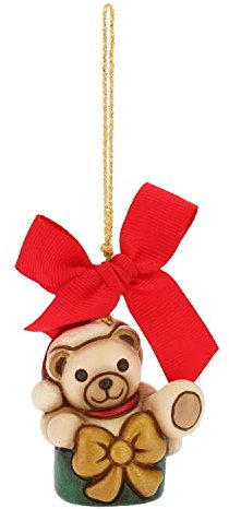 THUN® - Mini Orso Teddy nel Pacchetto da Appendere - Addobbo Natalizio per Albero con Fiocco Rosso - Ceramica - I Classici