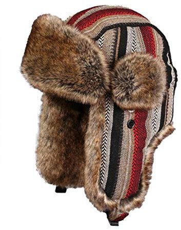 Insun Unisex Fliegermütze Warme Trappermütze Wintermütze Fellmütze Erwachsenen Winter Mütze für Herren und Damen Streifen Rot Khaki L Hut Umfang 56cm