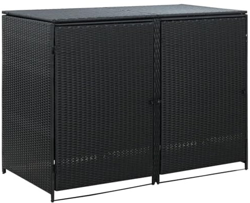 vidaXL Garbage Can Shed, Trash Bin Shed, Double Wheelie Bin Storage, Outdoor Garbage Can Enclosure for Garden Patio Lawn, Black Poly Rattan
