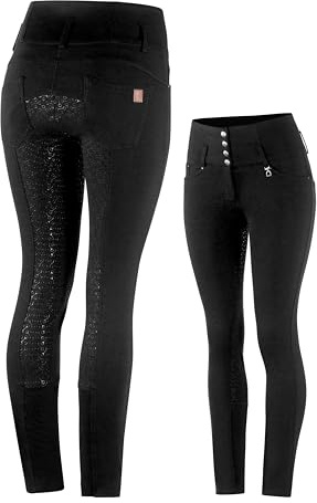 HORZE Women's Tara Full Seat Silicone Grip Breeches | Stretchable, High Waist with 4 Pockets - Black - 28
