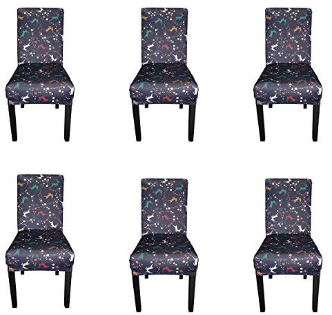 Trimming Shop Stuhlhussen für Weihnachten, Esszimmerstuhl, Stretch, abnehmbar, waschbar, Spandex, Schonbezüge für Küche, Bankett, Zeremonie, Hotel, Rentier-Druck, Marineblau, 6 Stück