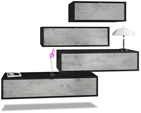 Vladon Wohnwand Lana V3 Anbauwand aus 4 Hängeelementen mit 10 Fächern, Made in Germany, Korpus in Schwarz matt, Fronten in Beton Oxid Optik | Große Farbauswahl