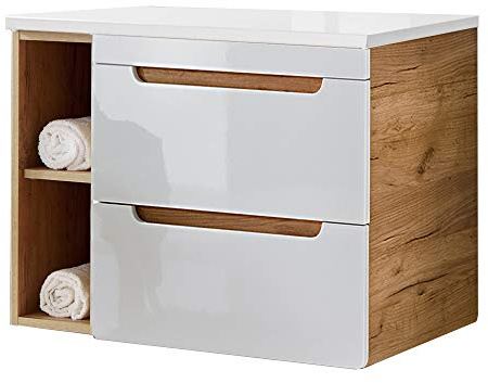 Lomadox Badmöbel Waschtisch-Unterschrank Set, Hochglanz weiß, Wotan Eiche Nb., 2 Softclose-Auszüge, 1 Regal, B/H/T ca. 81/61,5/46 cm