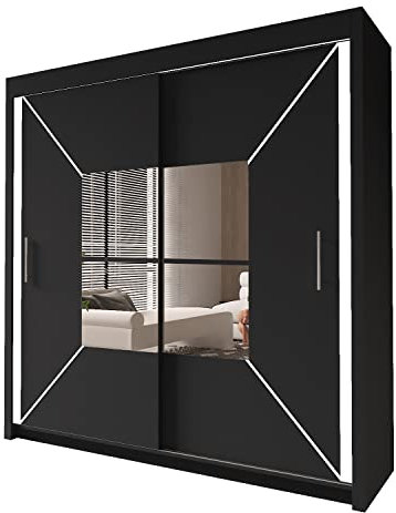 INTERWOOD Modern center Mirror Sliding Doors Wardrobe, featuring double sliding Doors, Hanging Rails & Adjustable Shelves, Space Saving solutions for Bedroom furniture in Matt finish 203cm(black)