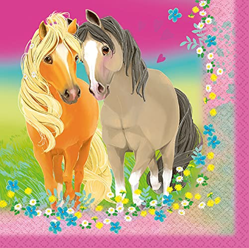 Amscan 9911588 - Papier-Servietten Pretty Pony, 20 Stück, Größe 33 x 33 cm, Ponys und Blumen, Tisch-Dekoration, Kinder-Geburtstag, Motto-Party