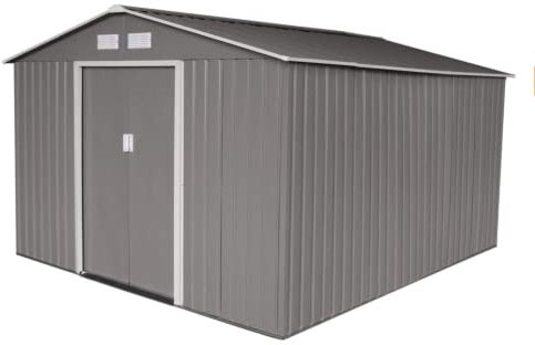 Evre Abri de jardin de 1,8 x 2,4 m avec double portes coulissantes, grand espace de rangement, 4 fentes d'aération, résistant à l'eau, haut plafond, acier galvanisé, toit en apex