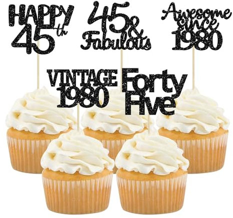 Gyufise 30 Pack Black Glitter 45th Birthday Cupcake Toppers Vintage 1980 Awesome Since 1980 45 Fabulous Cupcake Picks 45th Birthday Wedding Anniversary Party Cake Decorations Supplies