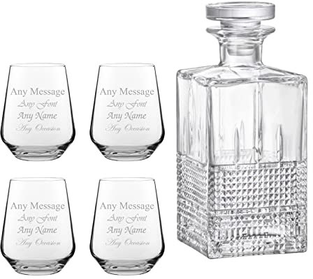 Personalised Engraved 4 x 345ml Tallo Tumblers and (un-Engraved) Bartender Decanter Any Message Set