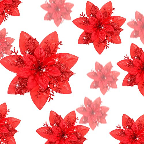 36 Stück Glitzer Künstlich Weihnachtsstern Blumen Weihnachten Poinsettie Künstlich Hochzeit Blumen Dekoration Weihnachtsbaum Ornamente mit Clips, 6 Zoll, 4 Zoll, 3 Zoll (Rot)