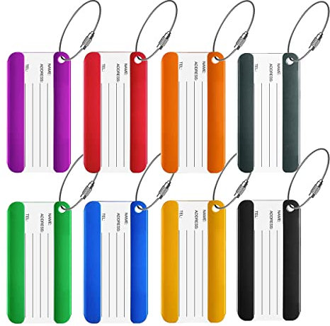 Lot de 8 étiquettes de bagages, étiquettes de bagage en aluminium avec cartes d'identité, porte-cartes de bagages colorés avec boucles en acier inoxydable.